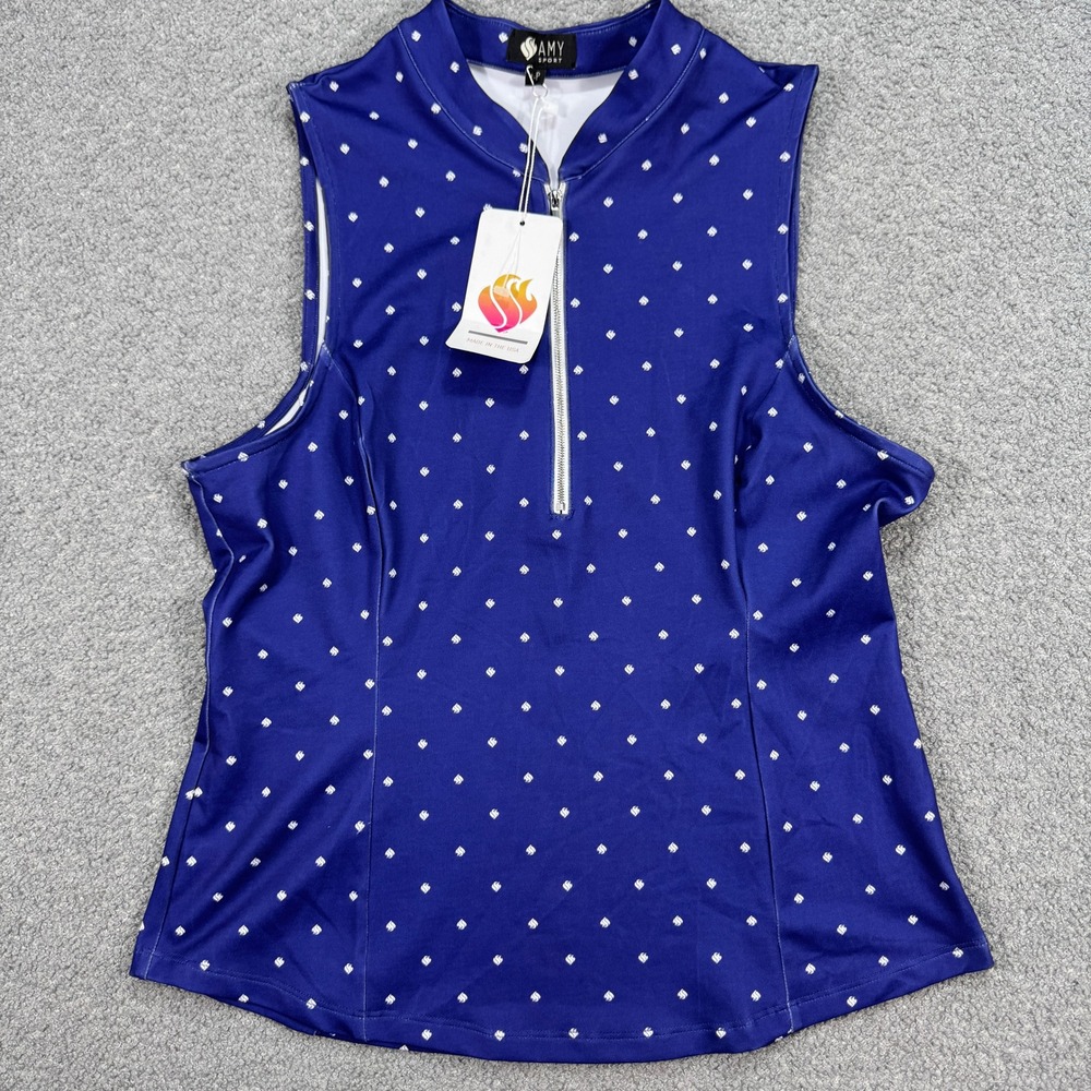 NEW Amy Sport Golf Polo Top Women's Large Petite Blue Sleeveless Quarter Zip USA